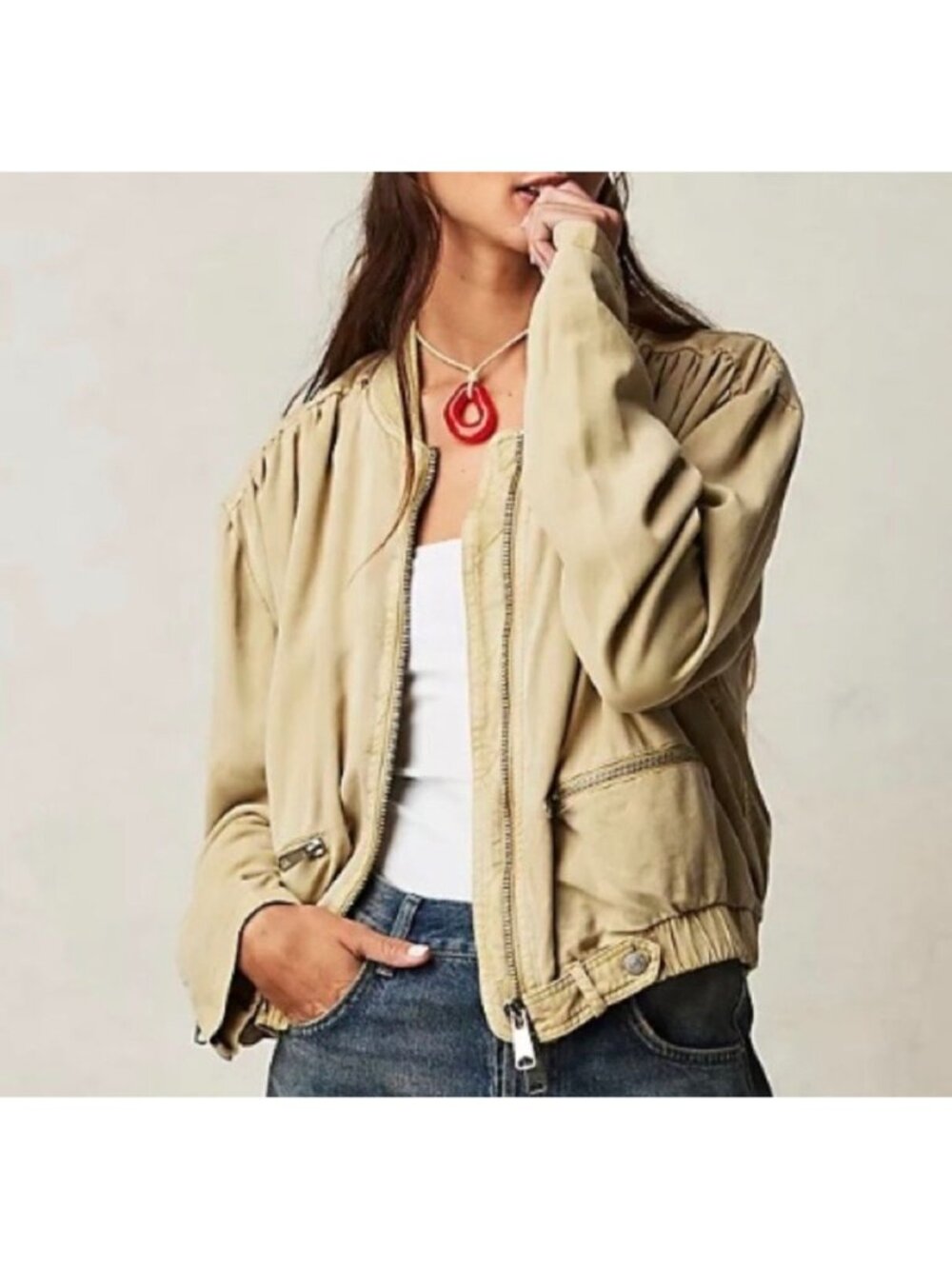 NWT Free People Knock Out Siren Bomber Jacket Size Small Beige 100% Tencel New